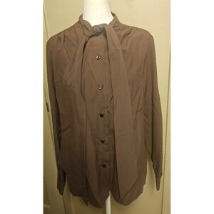 Vintage Lee Mar Pageant Secretary Tie Neck Brown Blouse Top Long Sleeve